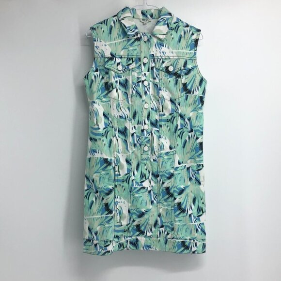 Kenzo Aquamarine teal leaf printed denim shirt mini dress 36 (US 4) - Picture 3 of 15